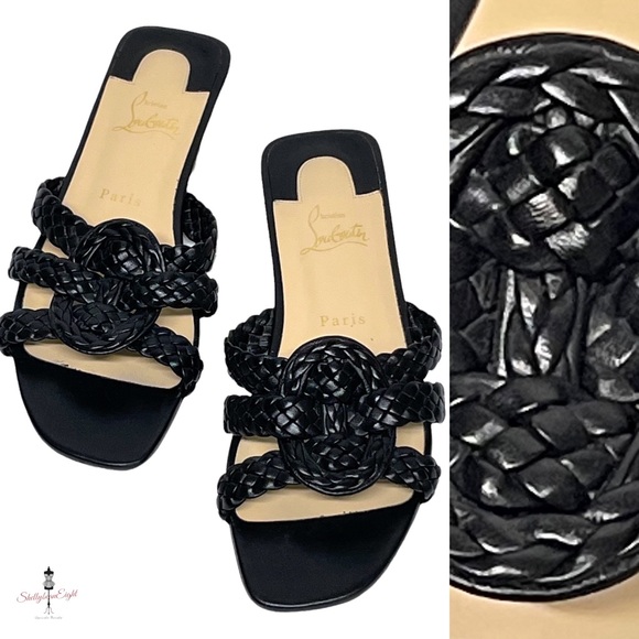 CHRISTIAN LOUBOUTIN Marilla Flats Woven Leather Slides Sandals Red Soles 38.5 - Picture 1 of 15